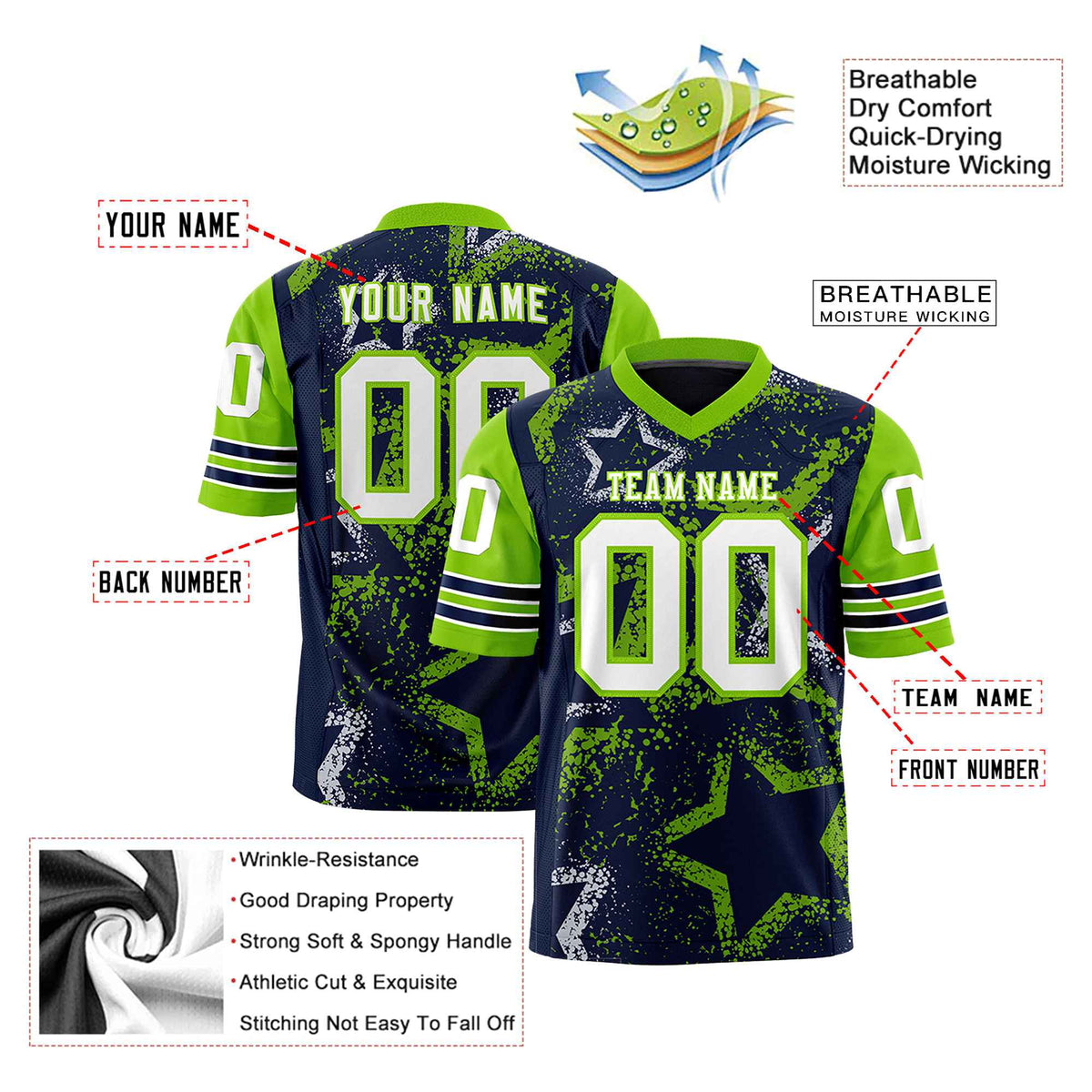 Custom Navy White Neon-Green Mesh Star Football Jersey