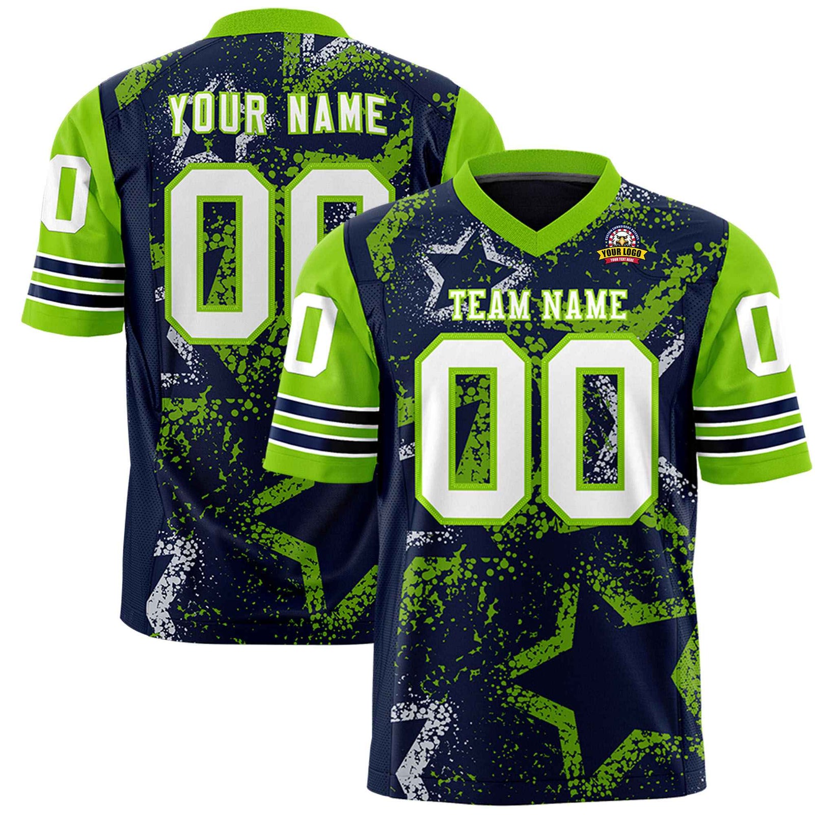 Custom Navy White Neon-Green Mesh Star Football Jersey