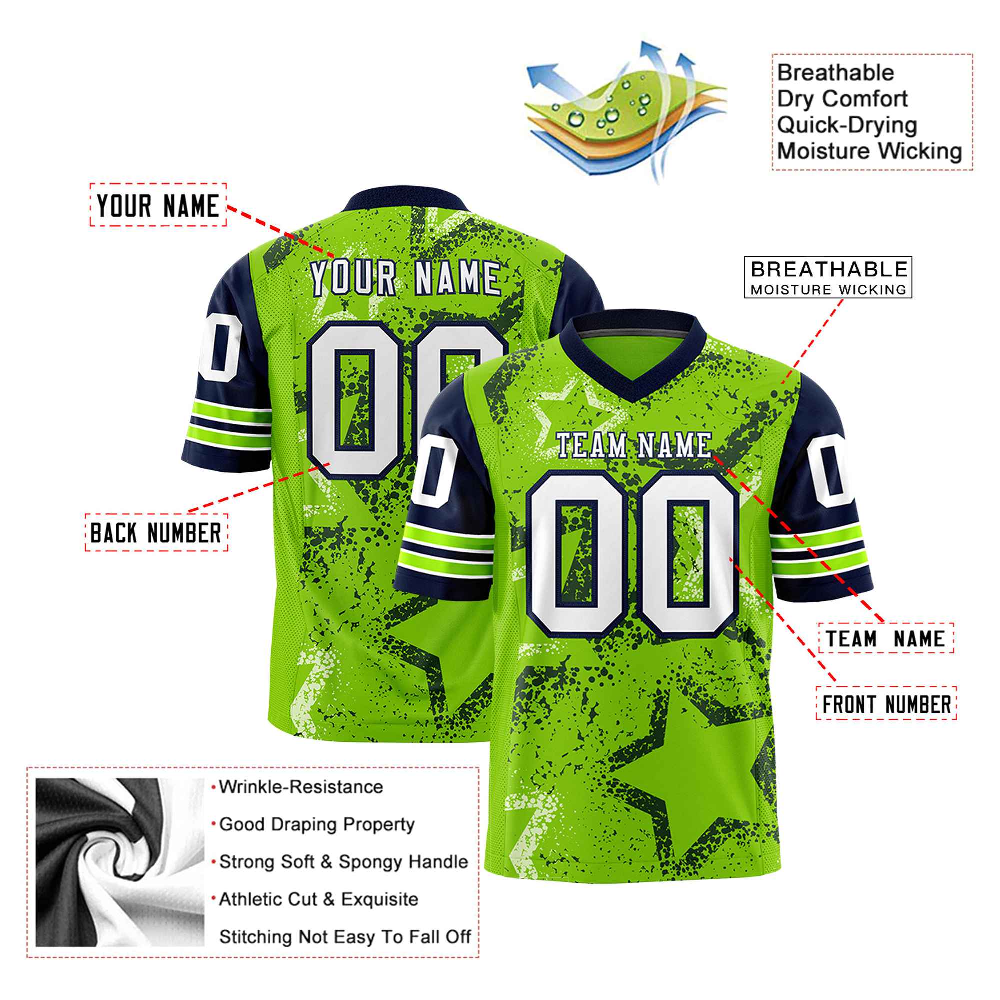 Custom Neon-Green White-Navy Mesh Star Football Jersey