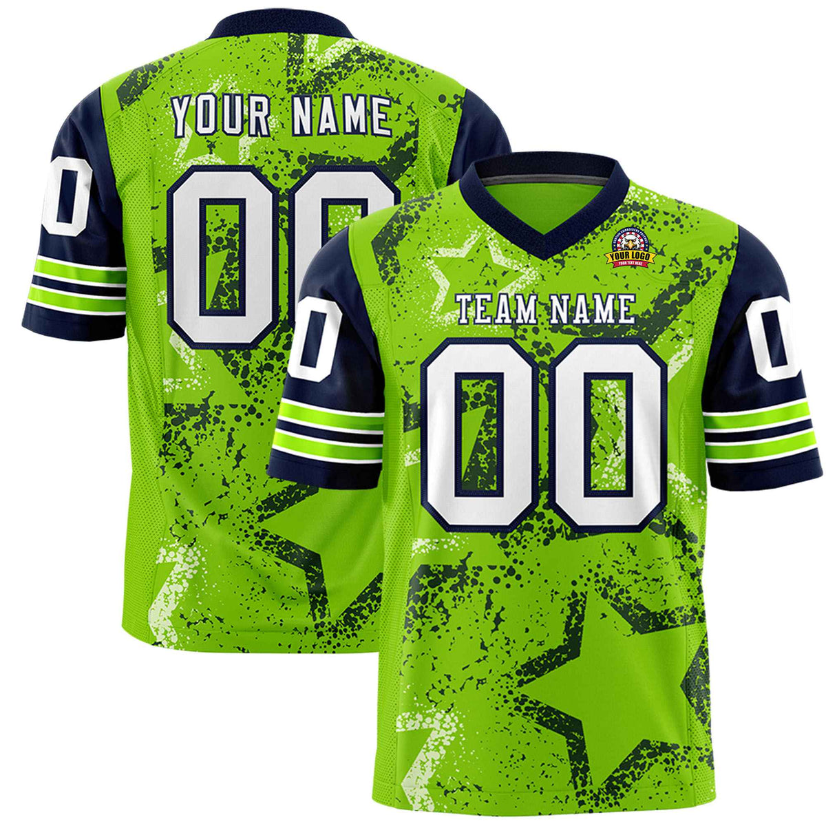 Custom Neon-Green White-Navy Mesh Star Football Jersey