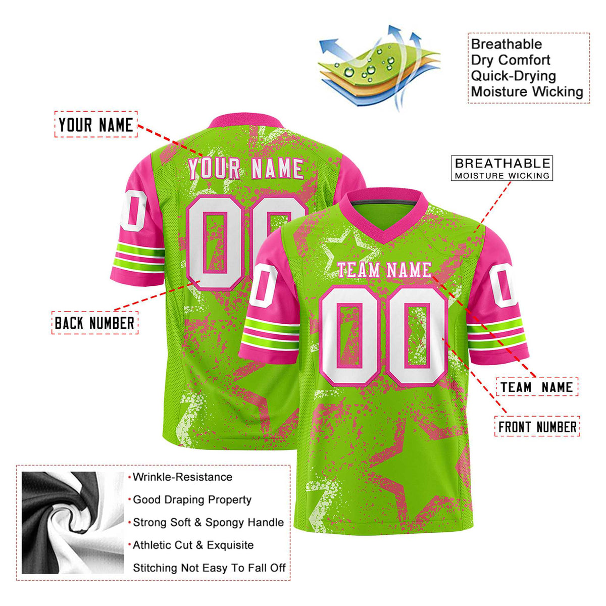 Custom Neon-Green White-Pink Mesh Star Football Jersey