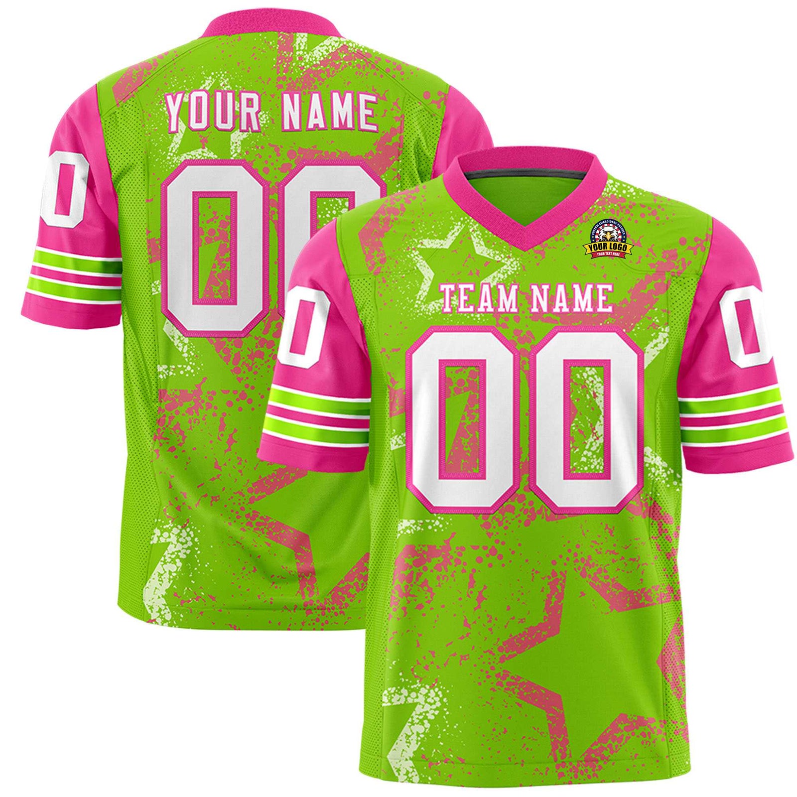 Custom Neon-Green White-Pink Mesh Star Football Jersey