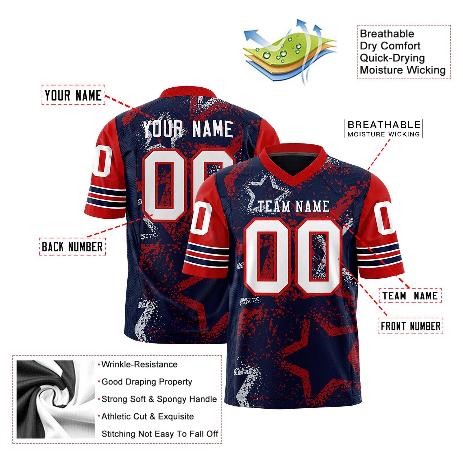 Custom Navy White-Red Mesh Star Football Jersey