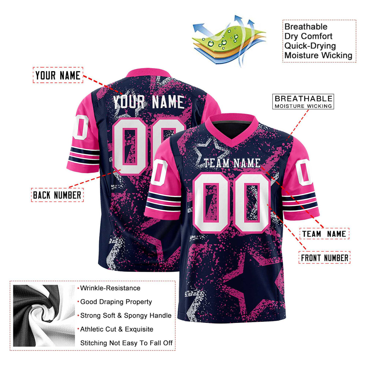 Custom Navy White-Pink Mesh Star Football Jersey