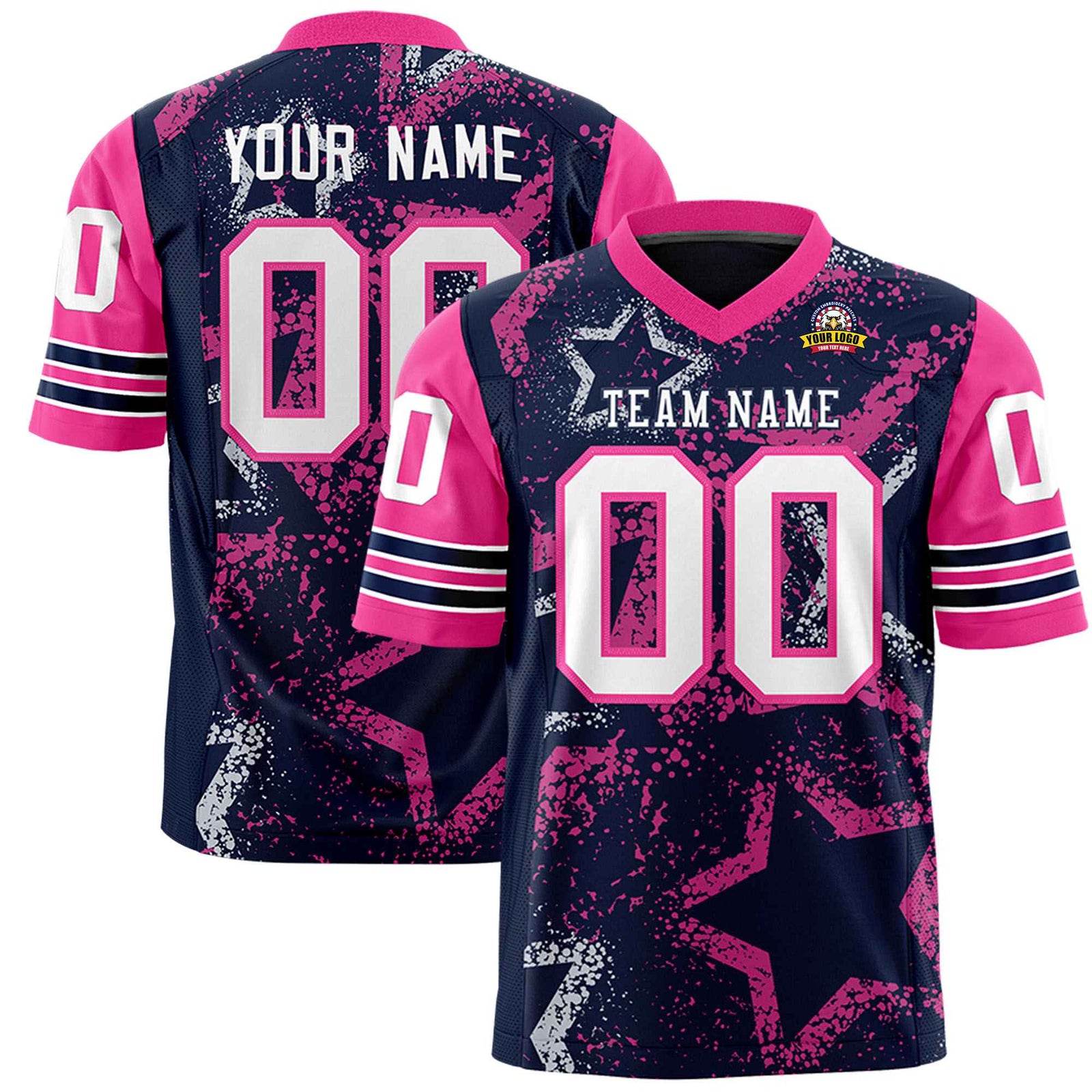 Custom Navy White-Pink Mesh Star Football Jersey