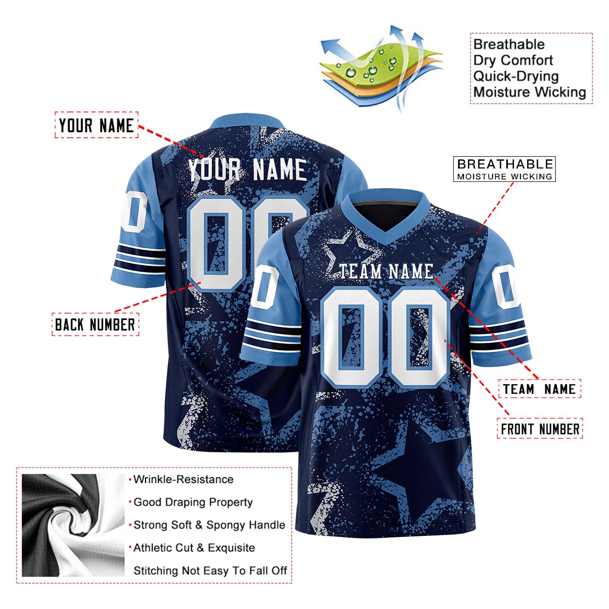 Custom Navy White Liht-Blue Mesh Star Football Jersey