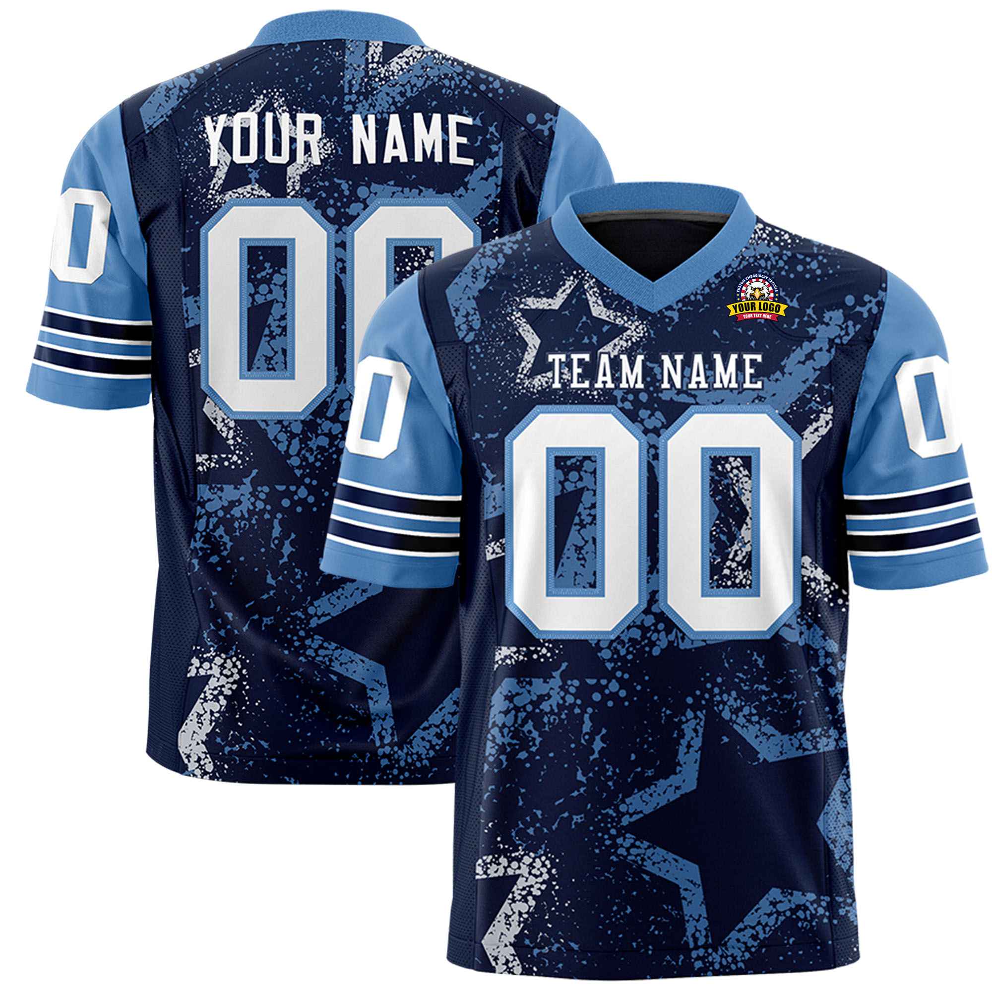 Custom Navy White Liht-Blue Mesh Star Football Jersey