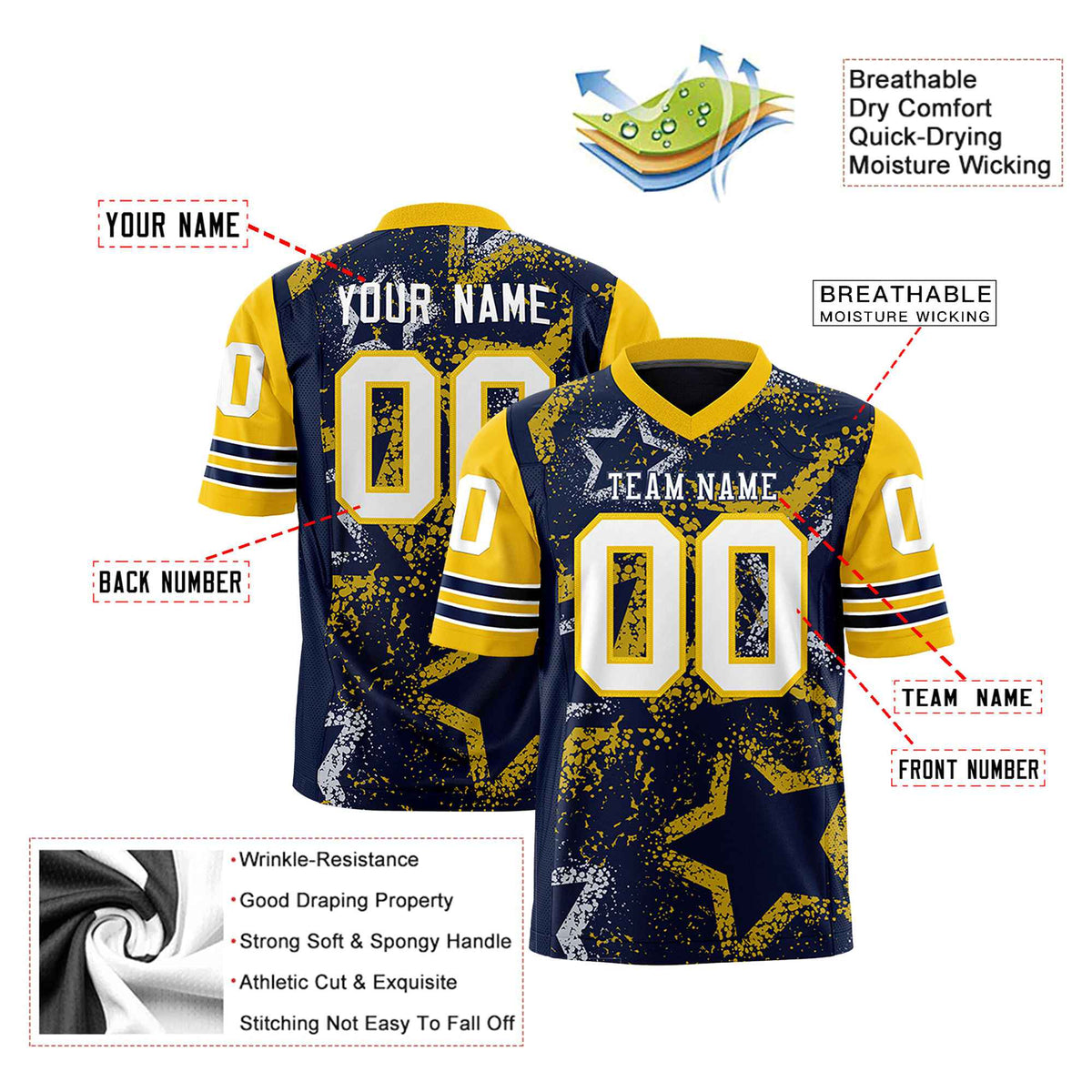 Custom Navy White Yellow Mesh Star Football Jersey