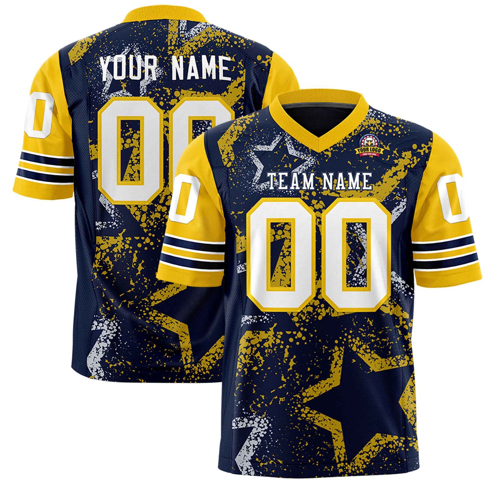Custom Navy White Yellow Mesh Star Football Jersey