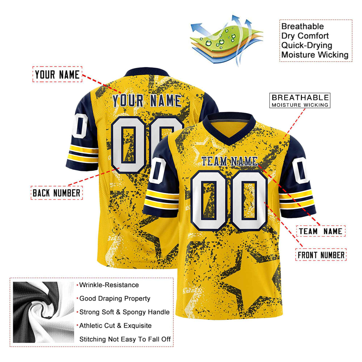 Custom Yellow Navy-White Mesh Star Football Jersey