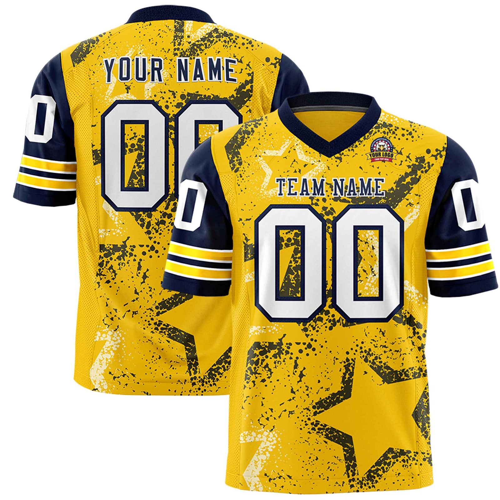 Custom Yellow Navy-White Mesh Star Football Jersey