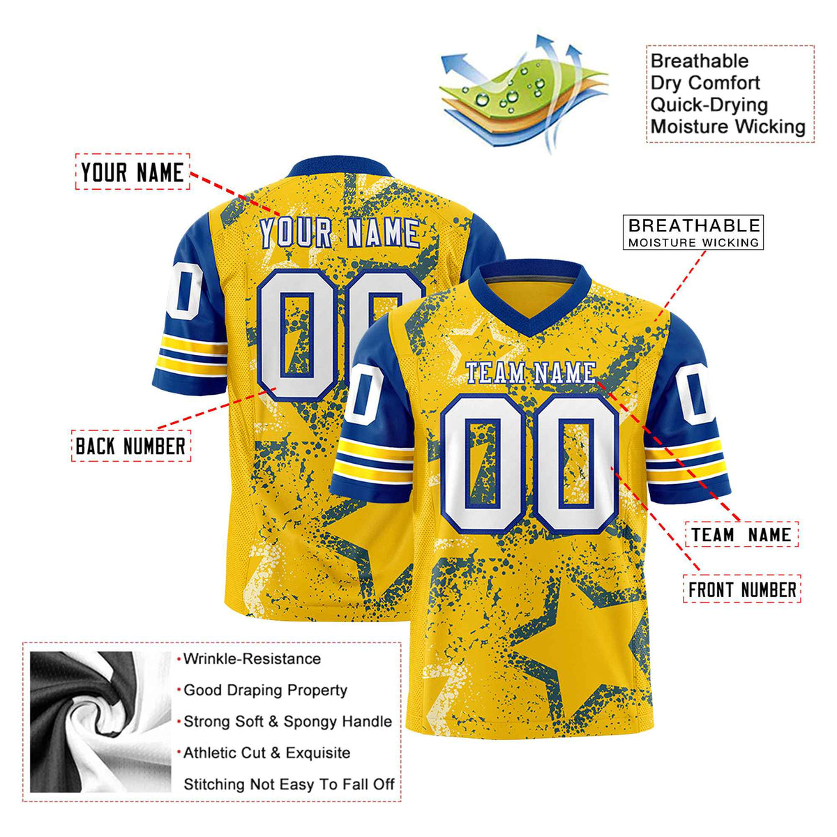 Custom Yellow Blue-White Mesh Star Football Jersey