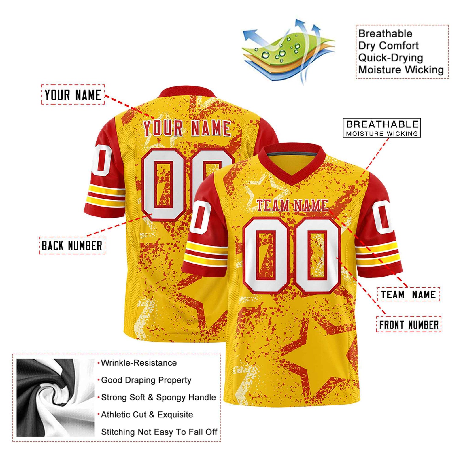 Custom Yellow Red-White Mesh Star Football Jersey