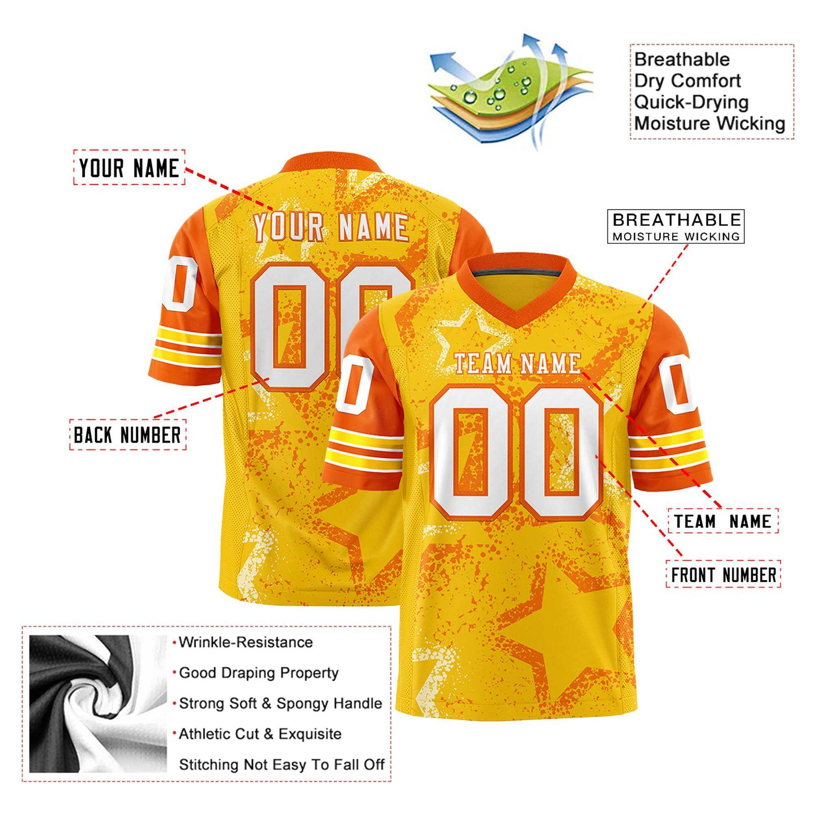 Custom Yellow White-Orange Mesh Star Football Jersey