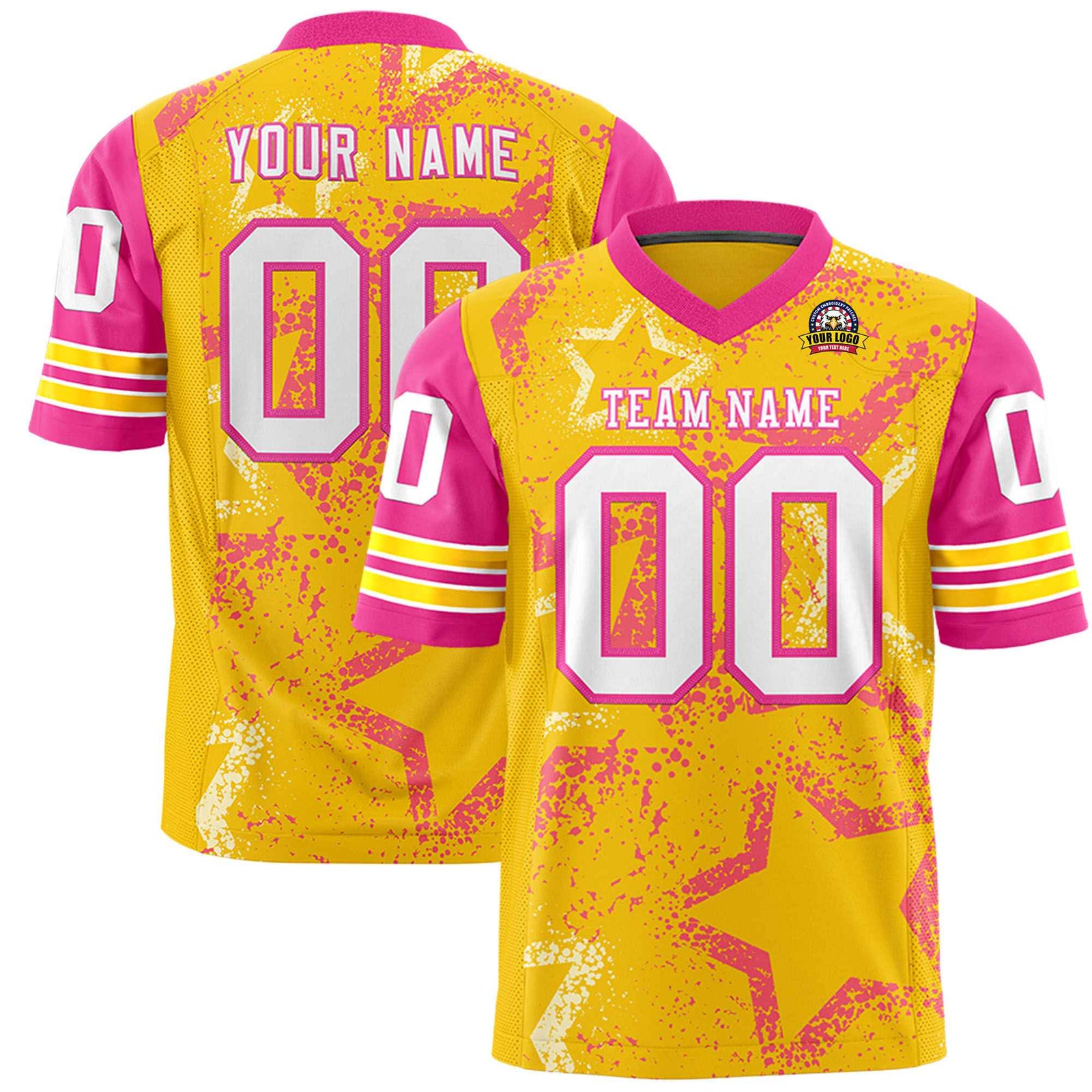 Custom Yellow White-Pink Mesh Star Football Jersey