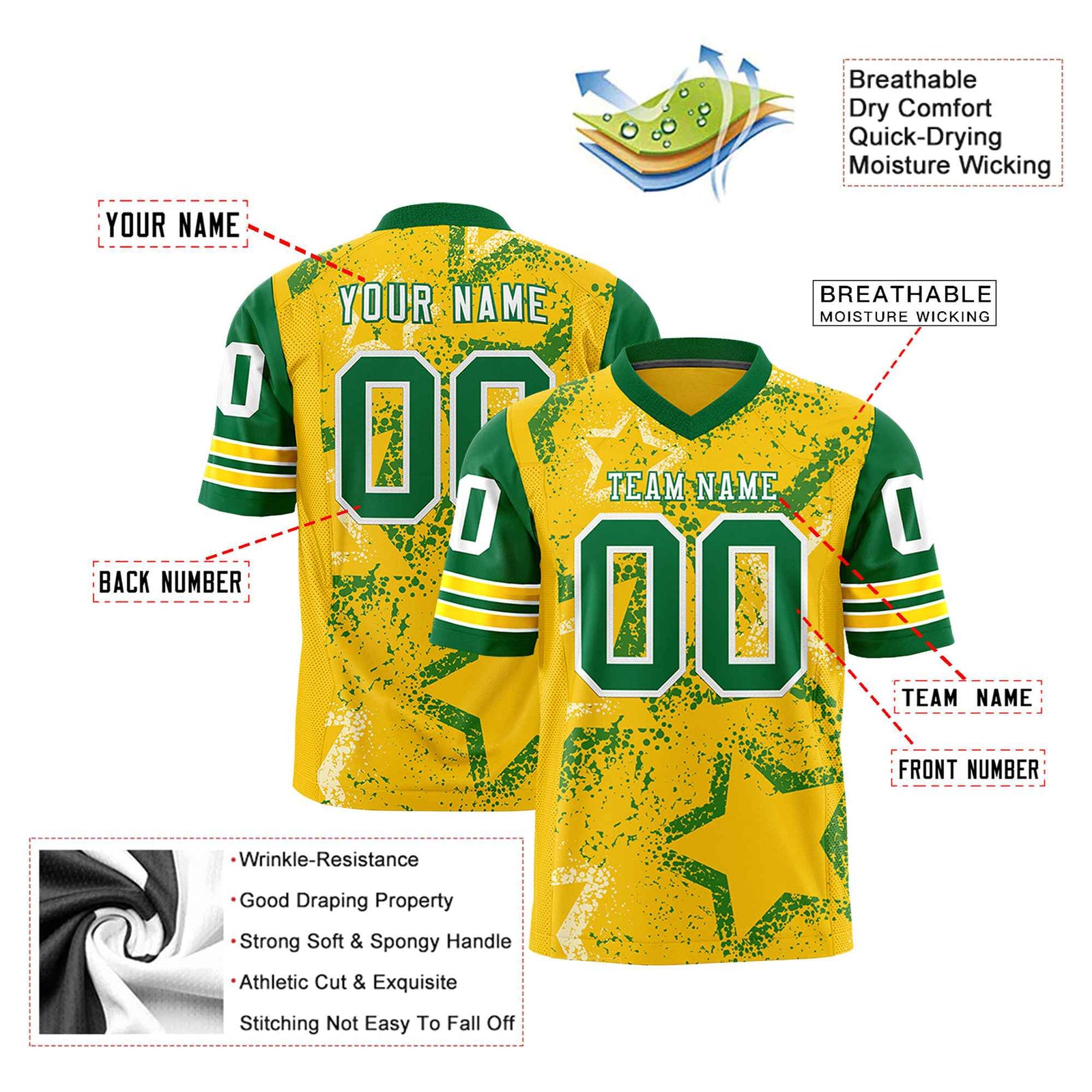 Custom Yellow Kelly-Green White Mesh Star Football Jersey