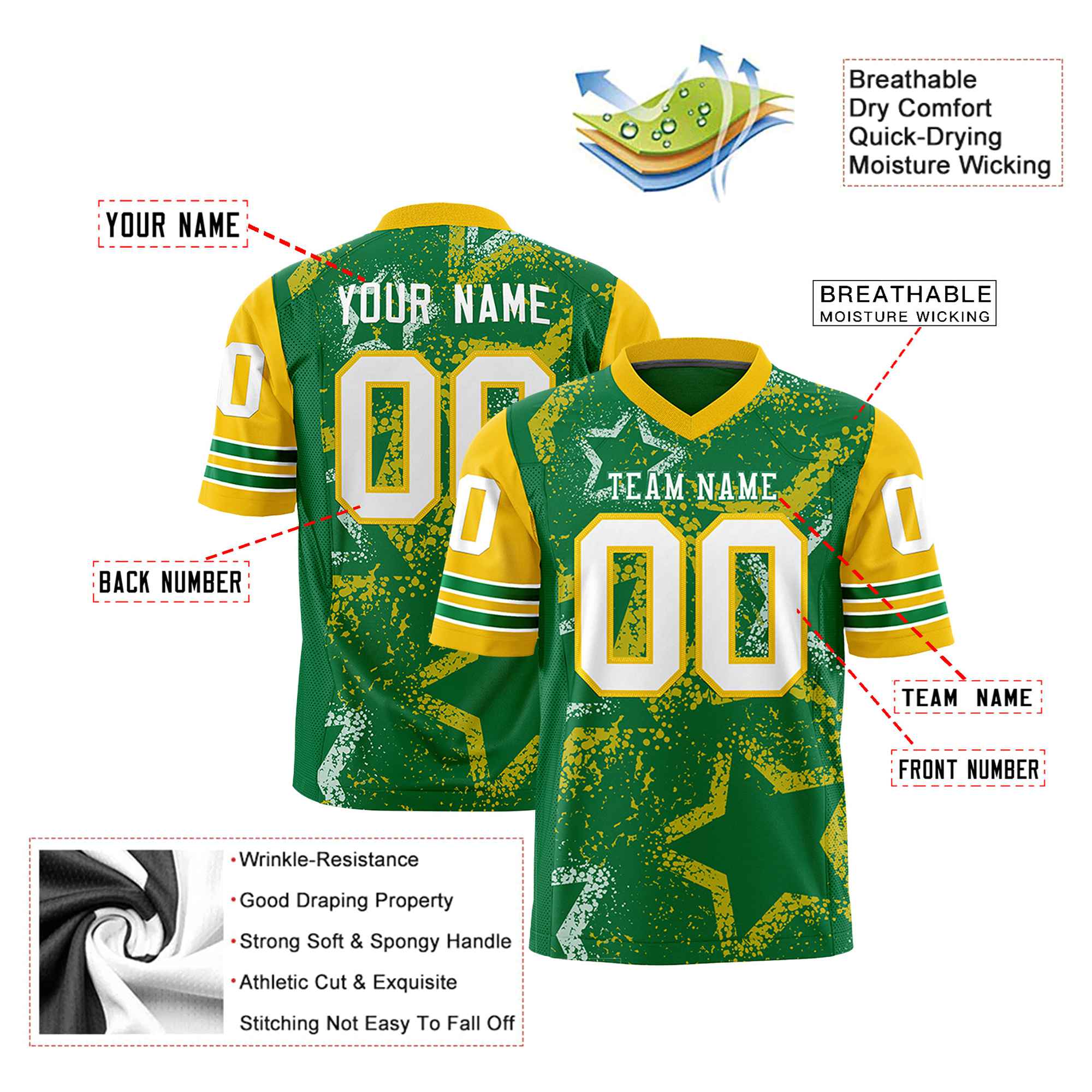 Custom Neon-Green White-Yellow Mesh Star Football Jersey