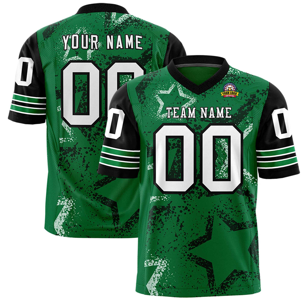 Custom Kelly-Green White-Black Mesh Star Football Jersey