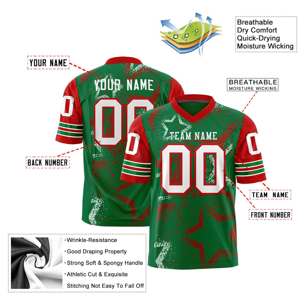 Custom Kelly-Green White-Red Mesh Star Football Jersey