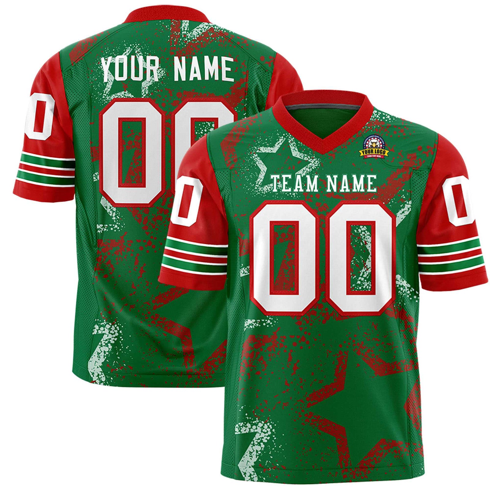Custom Kelly-Green White-Red Mesh Star Football Jersey