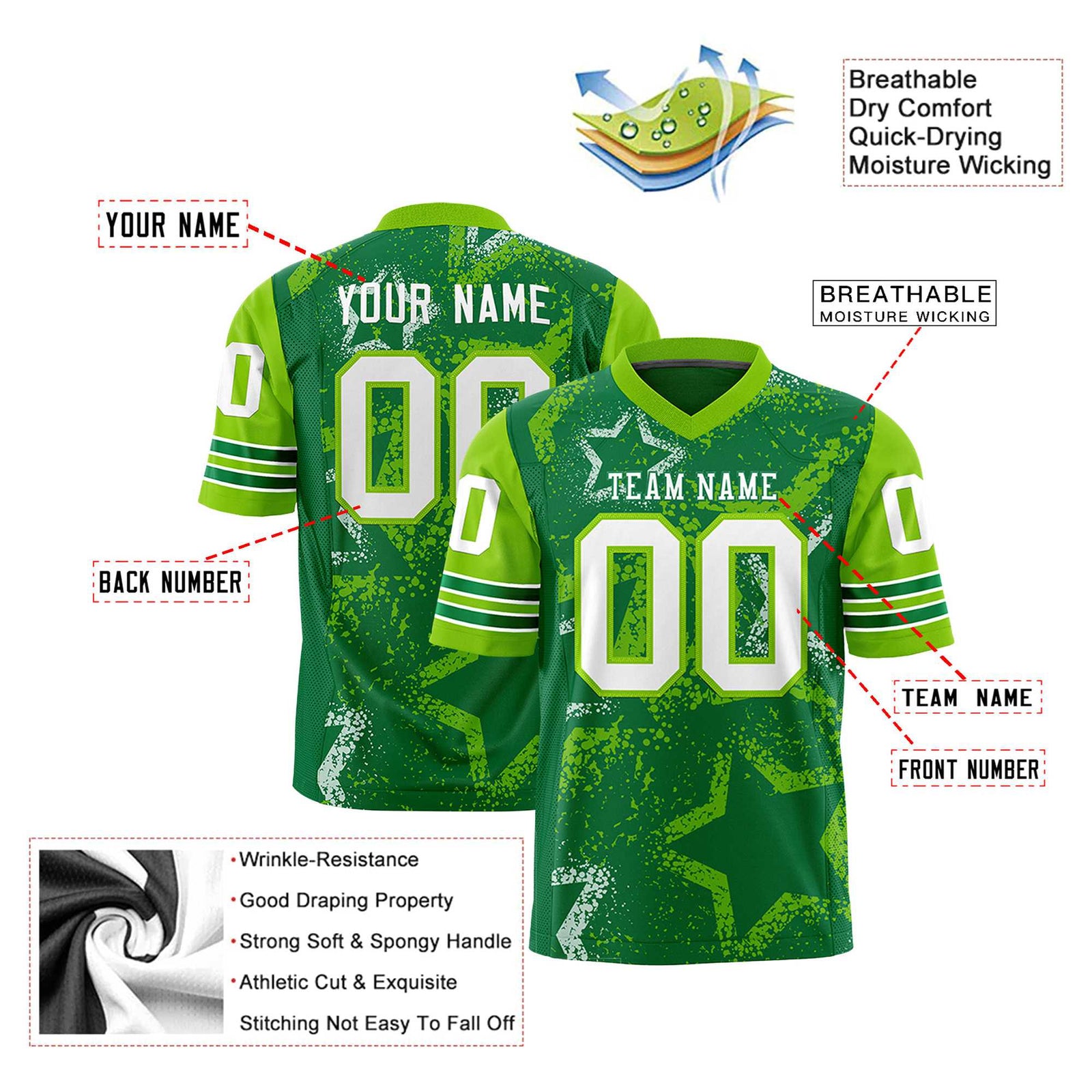 Custom Kelly-Green White Neon-Green Mesh Star Football Jersey