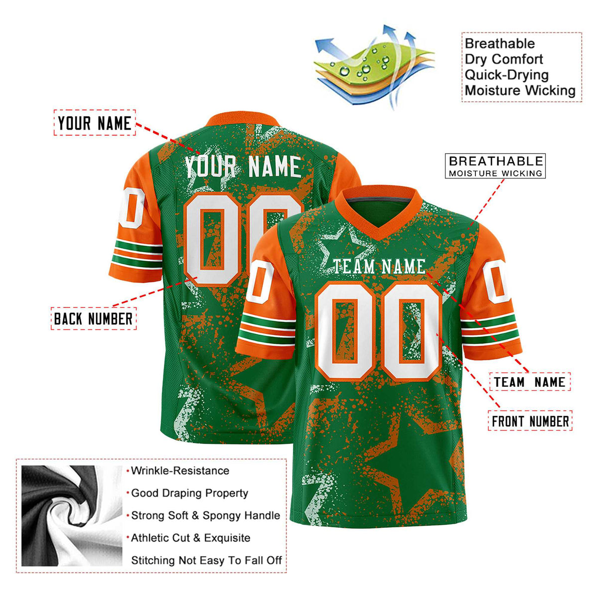 Custom Kelly-Green White-Orange Mesh Star Football Jersey