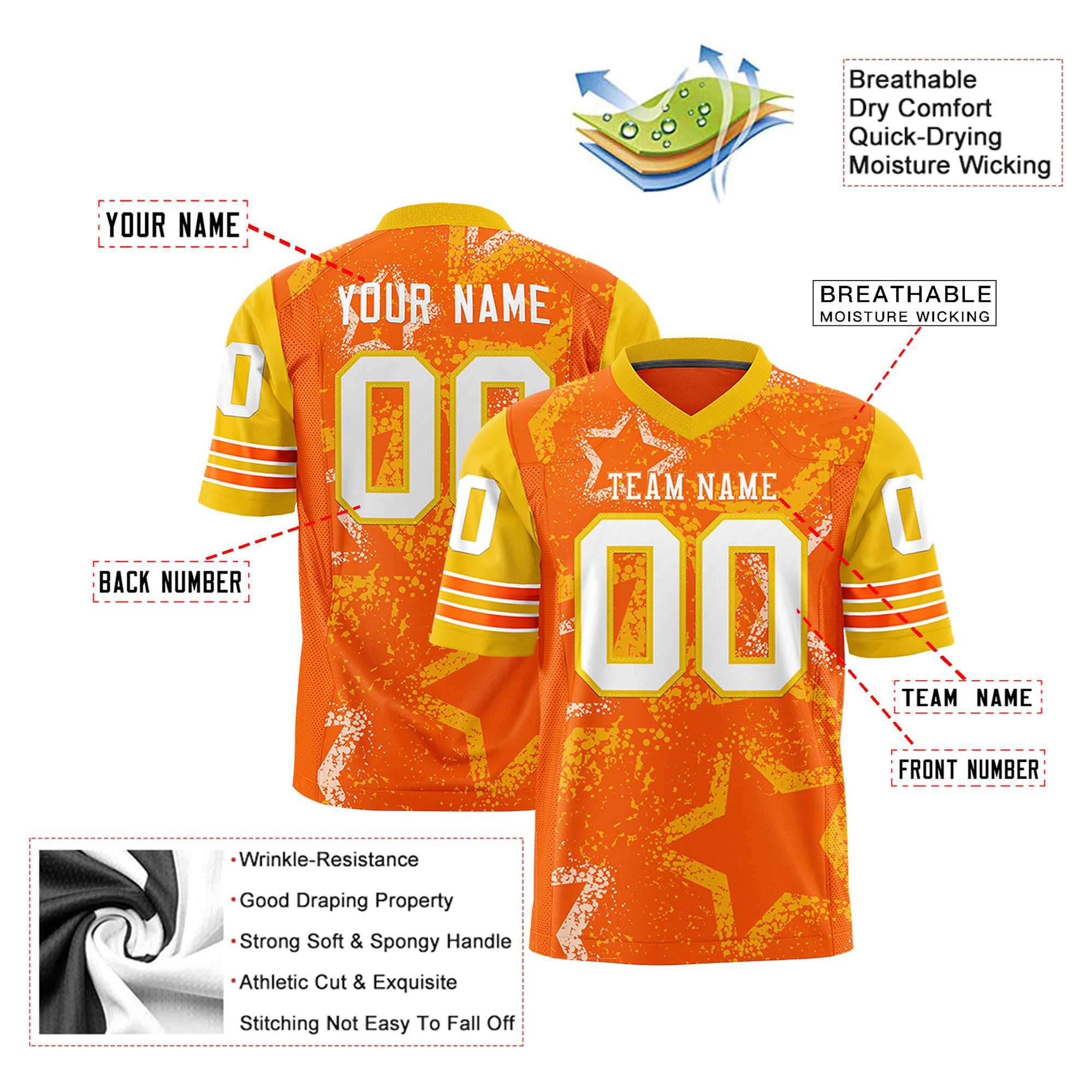 Custom Orange White Yellow Mesh Star Football Jersey