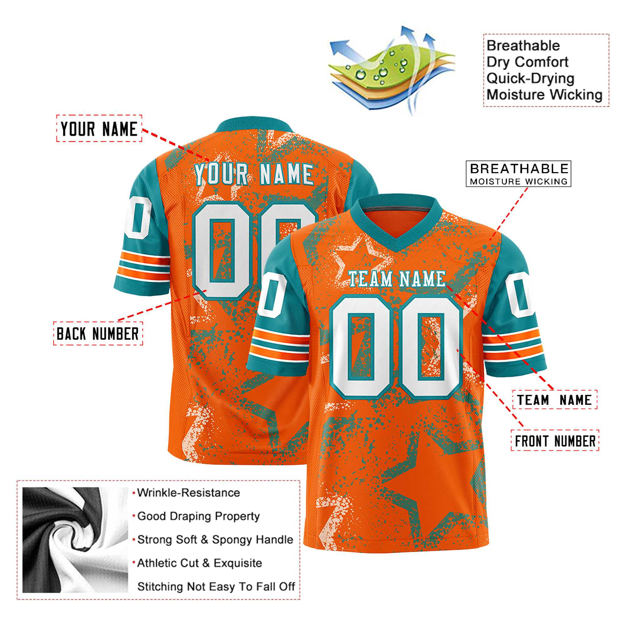 Custom Orange White Aqua Mesh Star Football Jersey