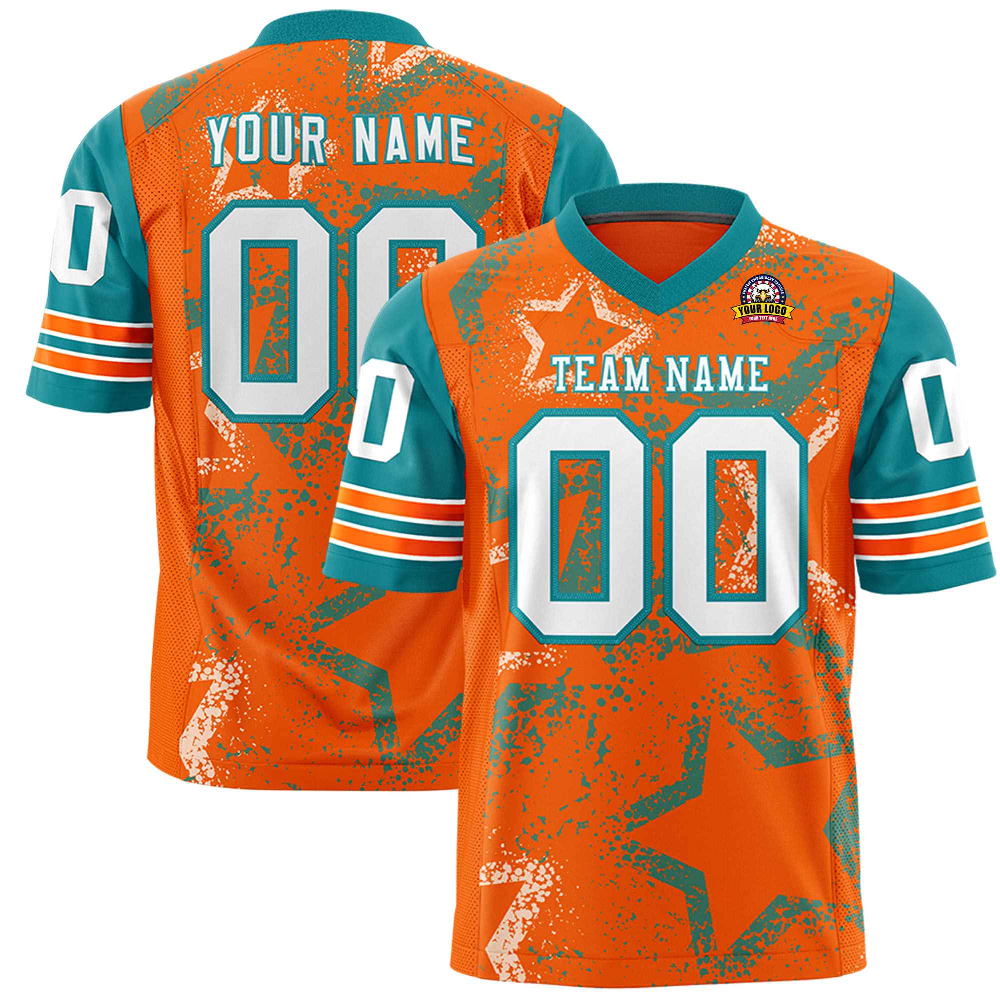 Custom Orange White Aqua Mesh Star Football Jersey