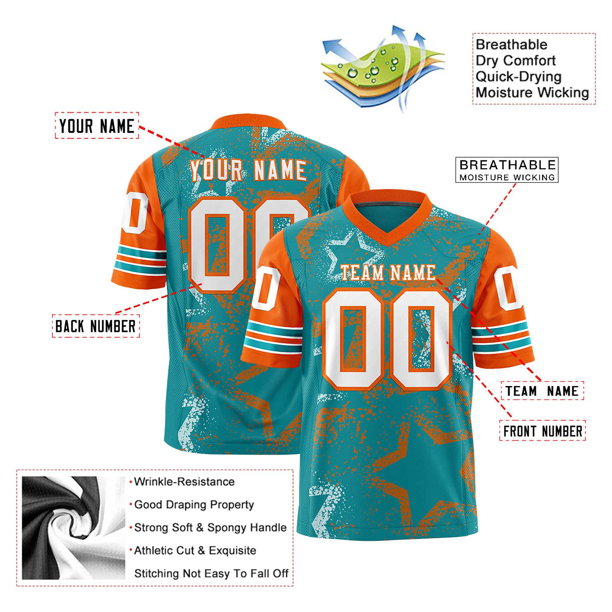 Custom Aqua White Orange Mesh Star Football Jersey