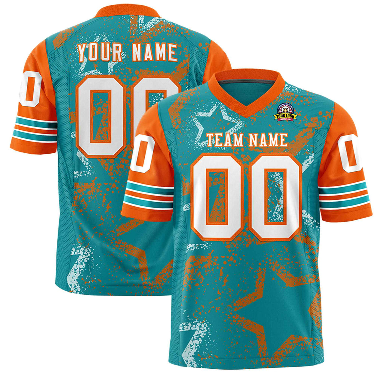 Custom Aqua White Orange Mesh Star Football Jersey