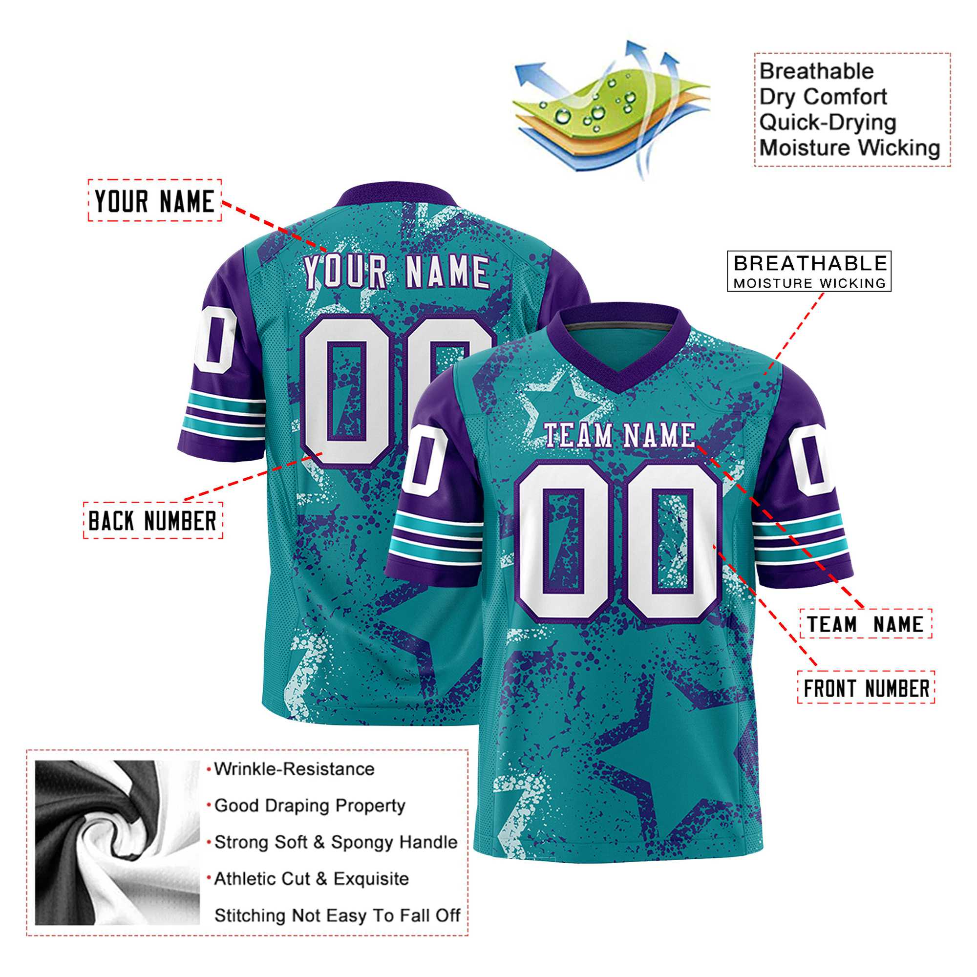 Custom Aqua White Purple Mesh Star Football Jersey