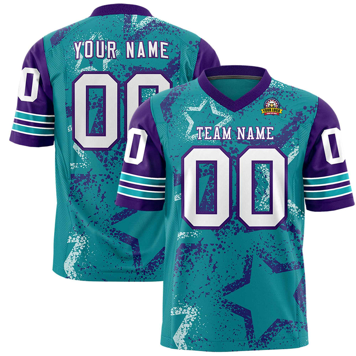 Custom Aqua White Purple Mesh Star Football Jersey