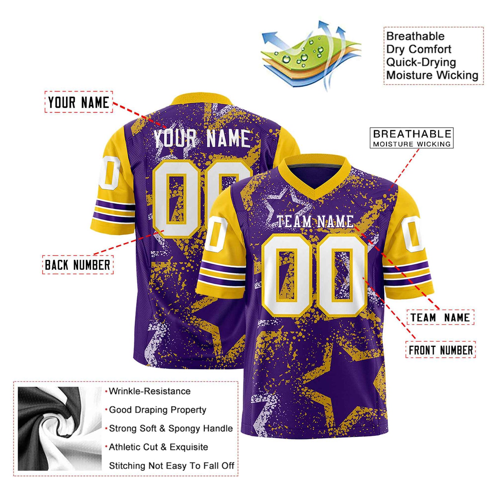 Custom Purple White Yellow Mesh Star Football Jersey