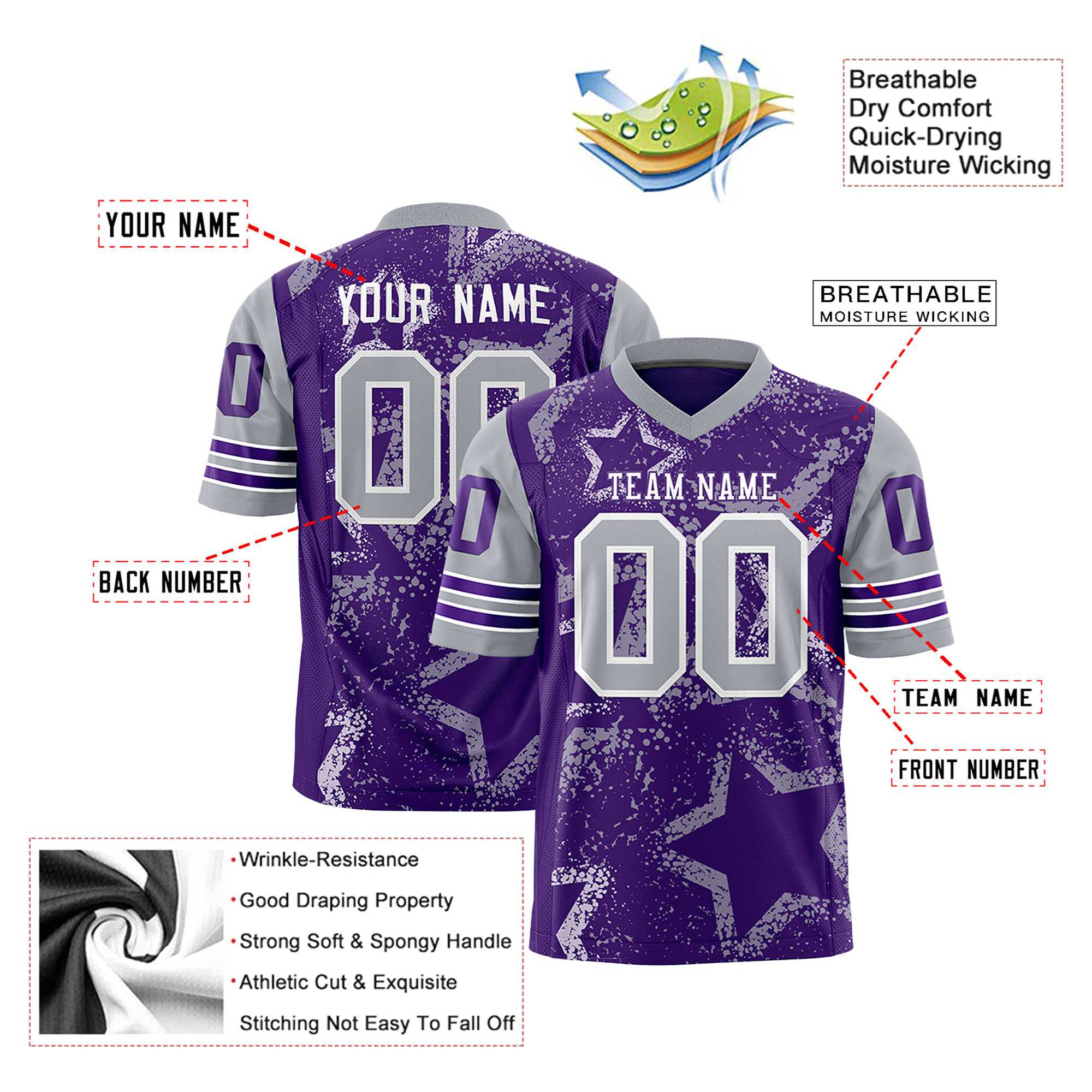 Custom Purple Gray White Mesh Star Football Jersey