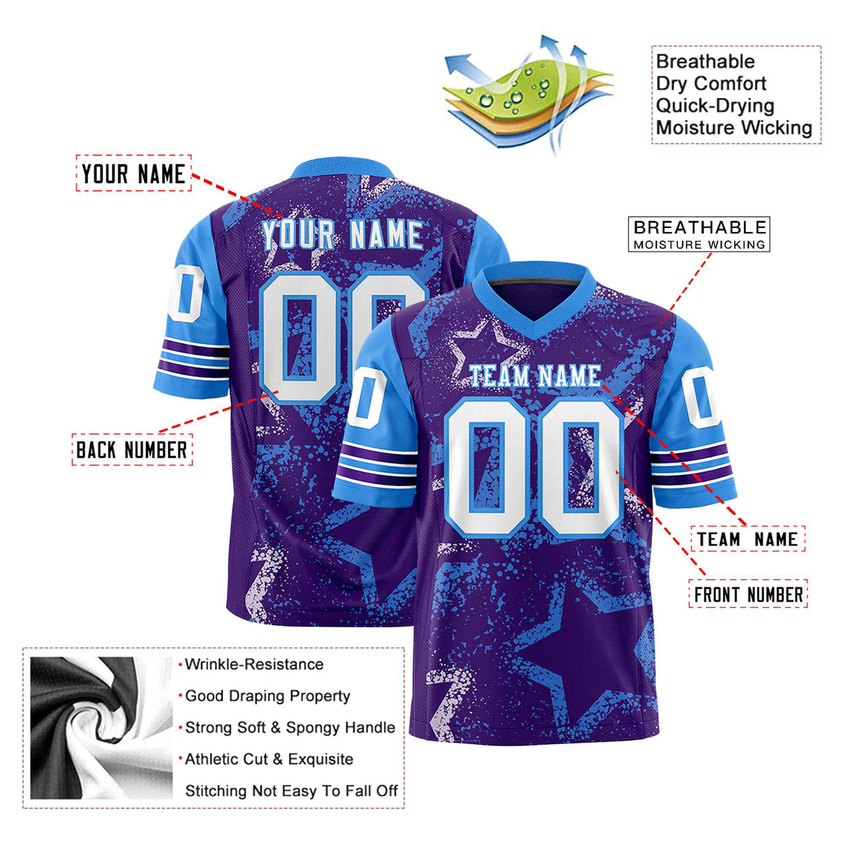 Custom Purple White Light-Blue Mesh Star Football Jersey