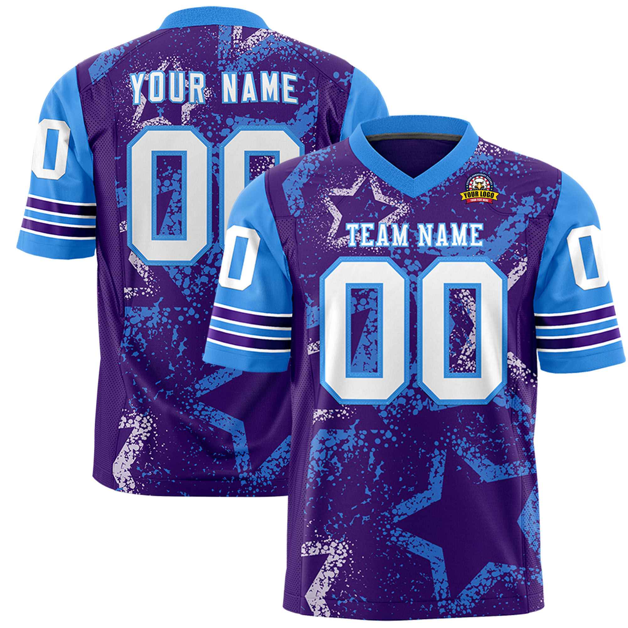 Custom Purple White Light-Blue Mesh Star Football Jersey