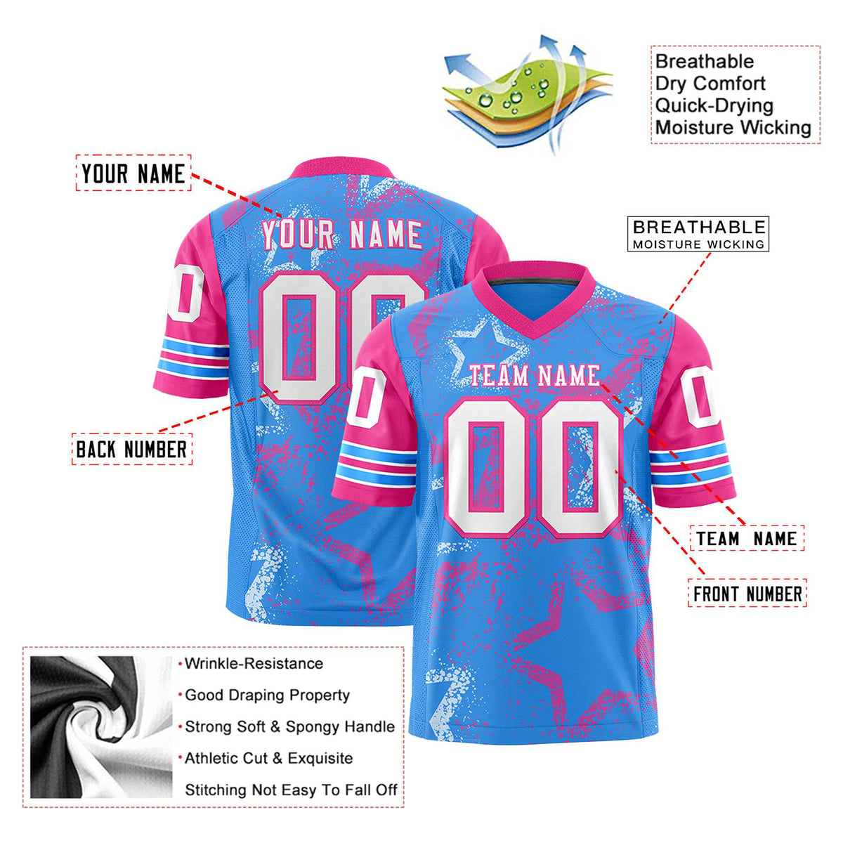 Custom Light-Blue White-Pink Mesh Star Football Jersey