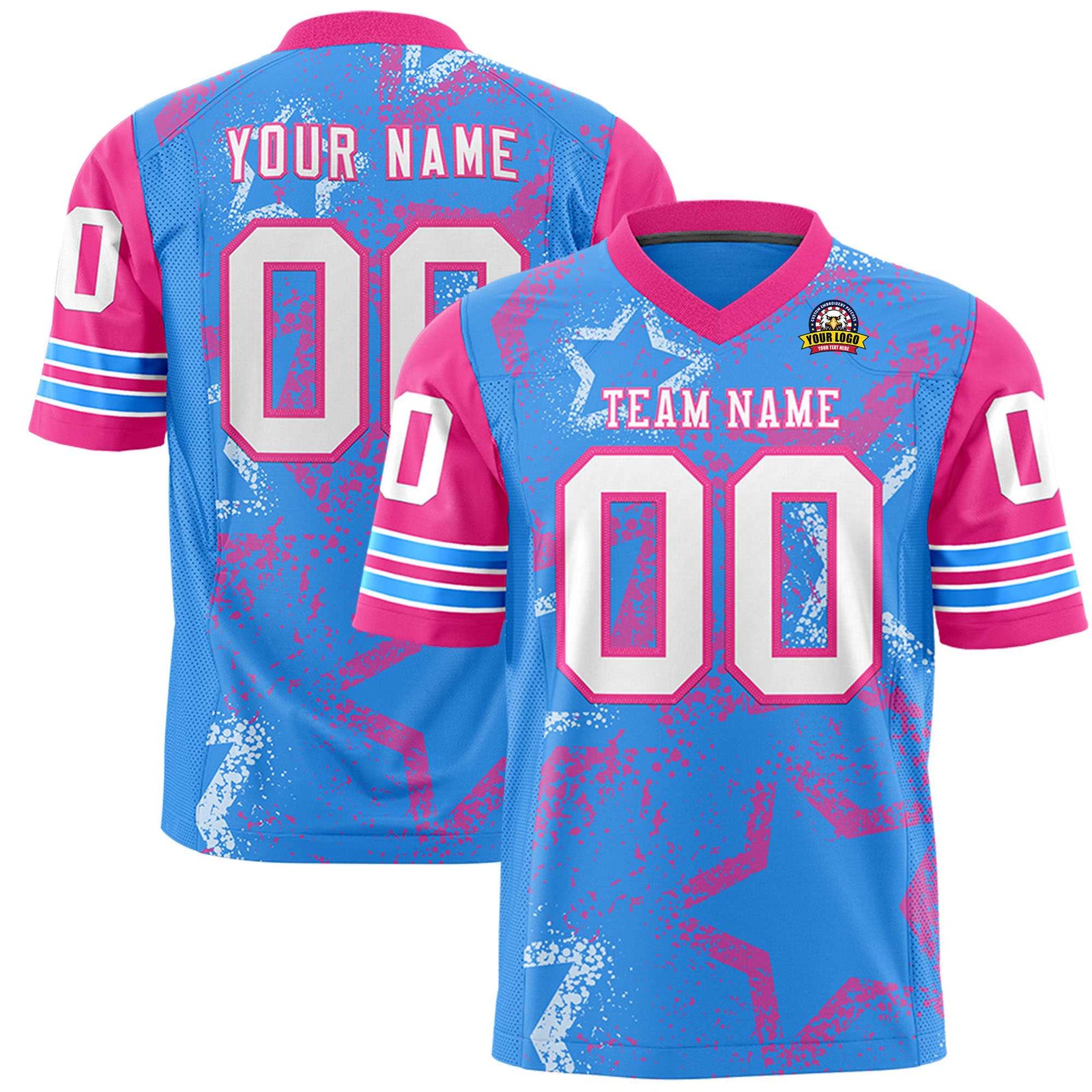 Custom Light-Blue White-Pink Mesh Star Football Jersey