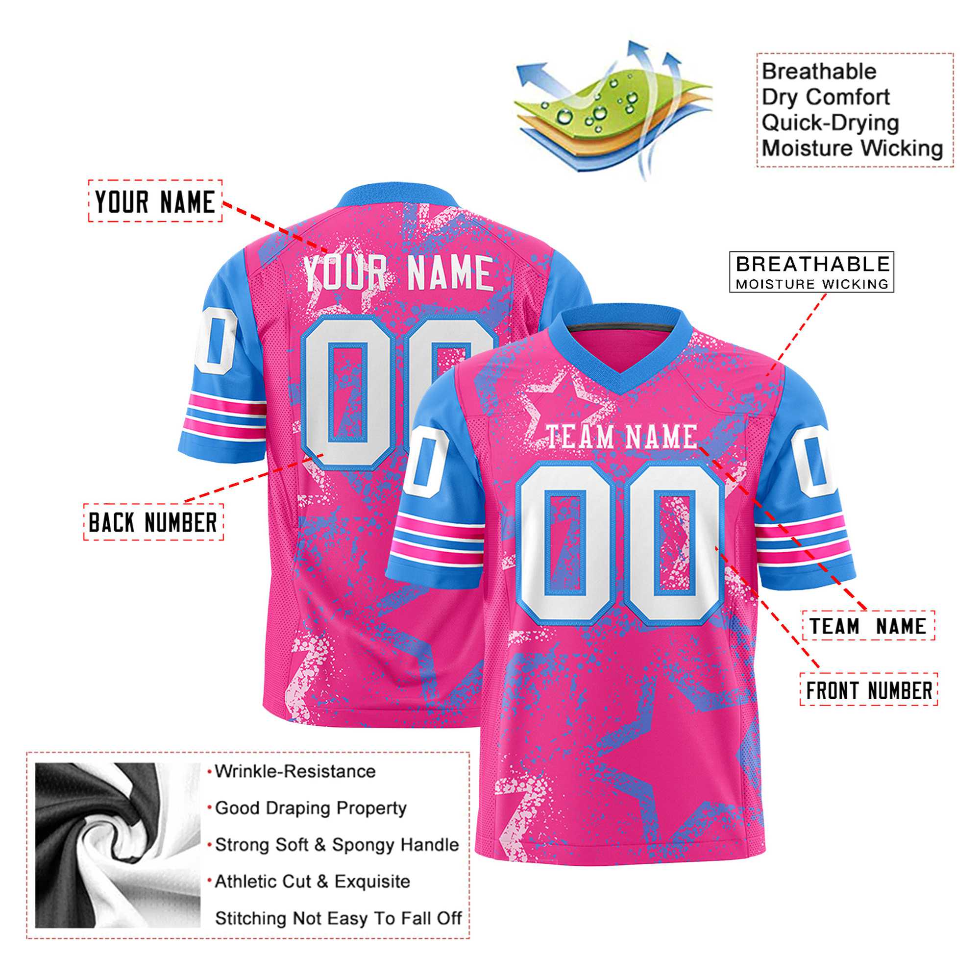 Custom Pink White Light-Blue Mesh Star Football Jersey