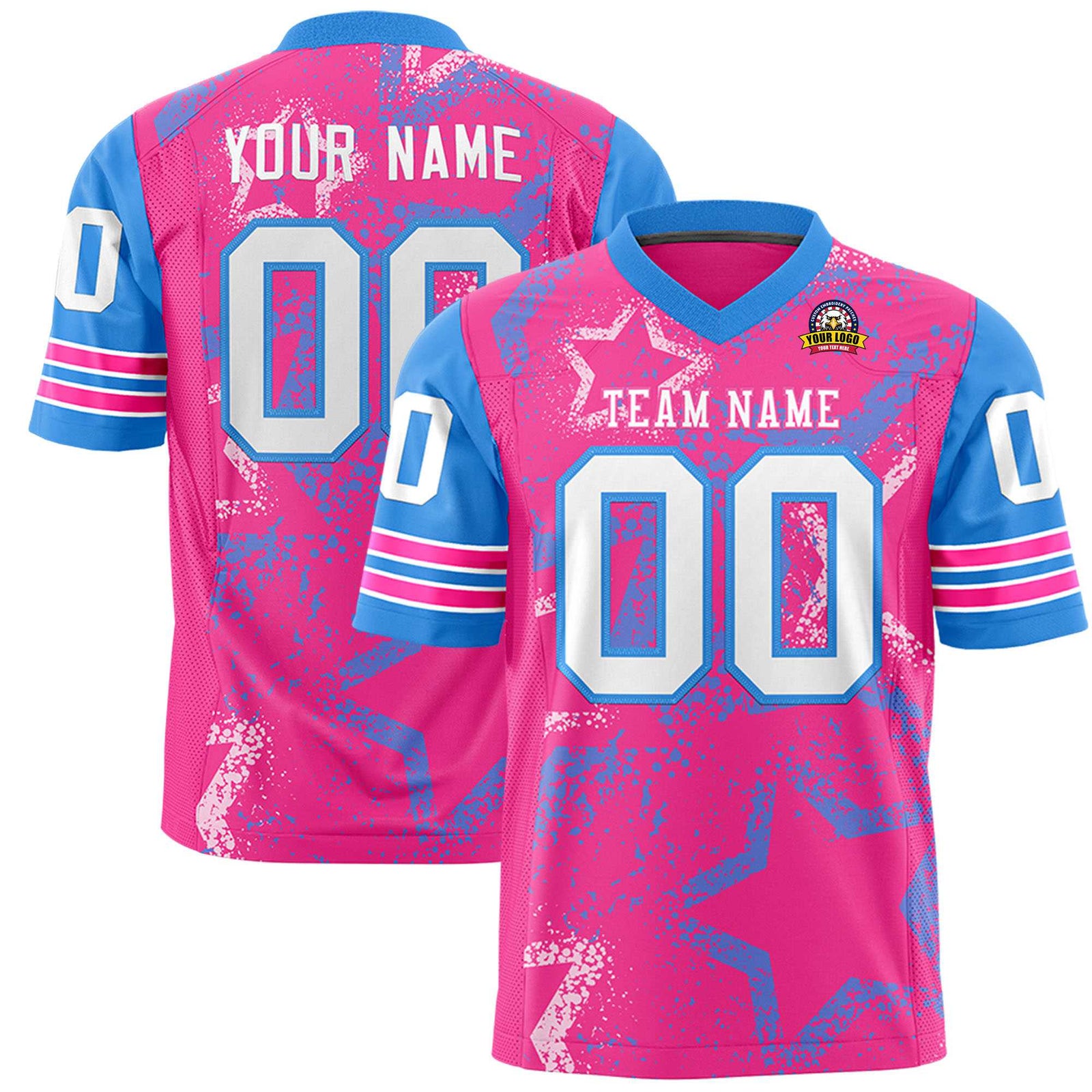 Custom Pink White Light-Blue Mesh Star Football Jersey