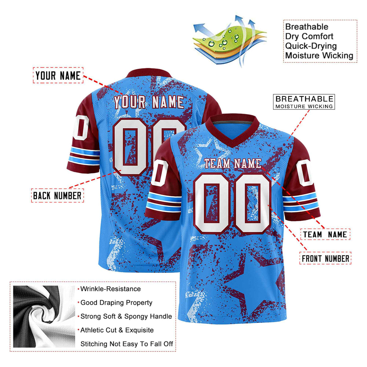 Custom Blue White Burgundy Mesh Star Football Jersey