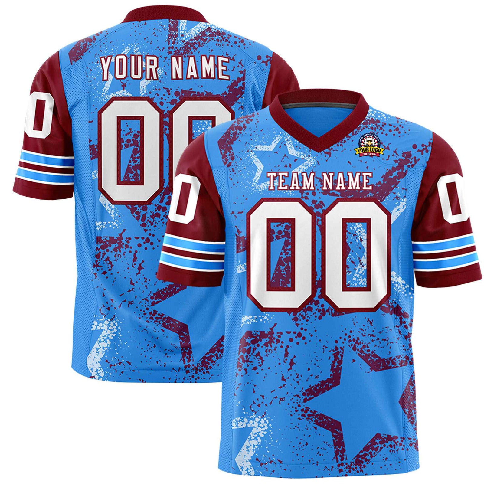 Custom Blue White Burgundy Mesh Star Football Jersey