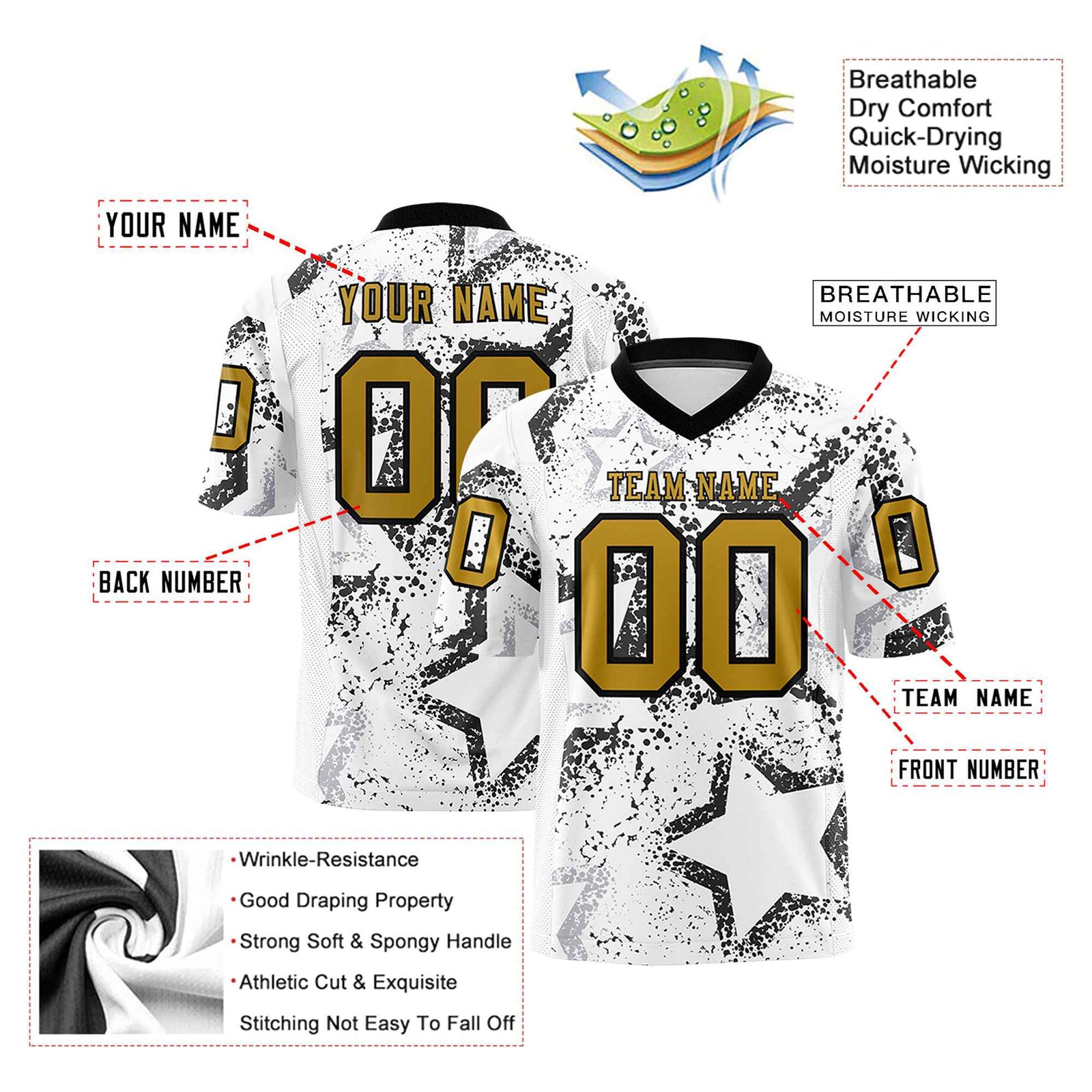 Custom White Old Gold-Black Mesh Star Football Jersey