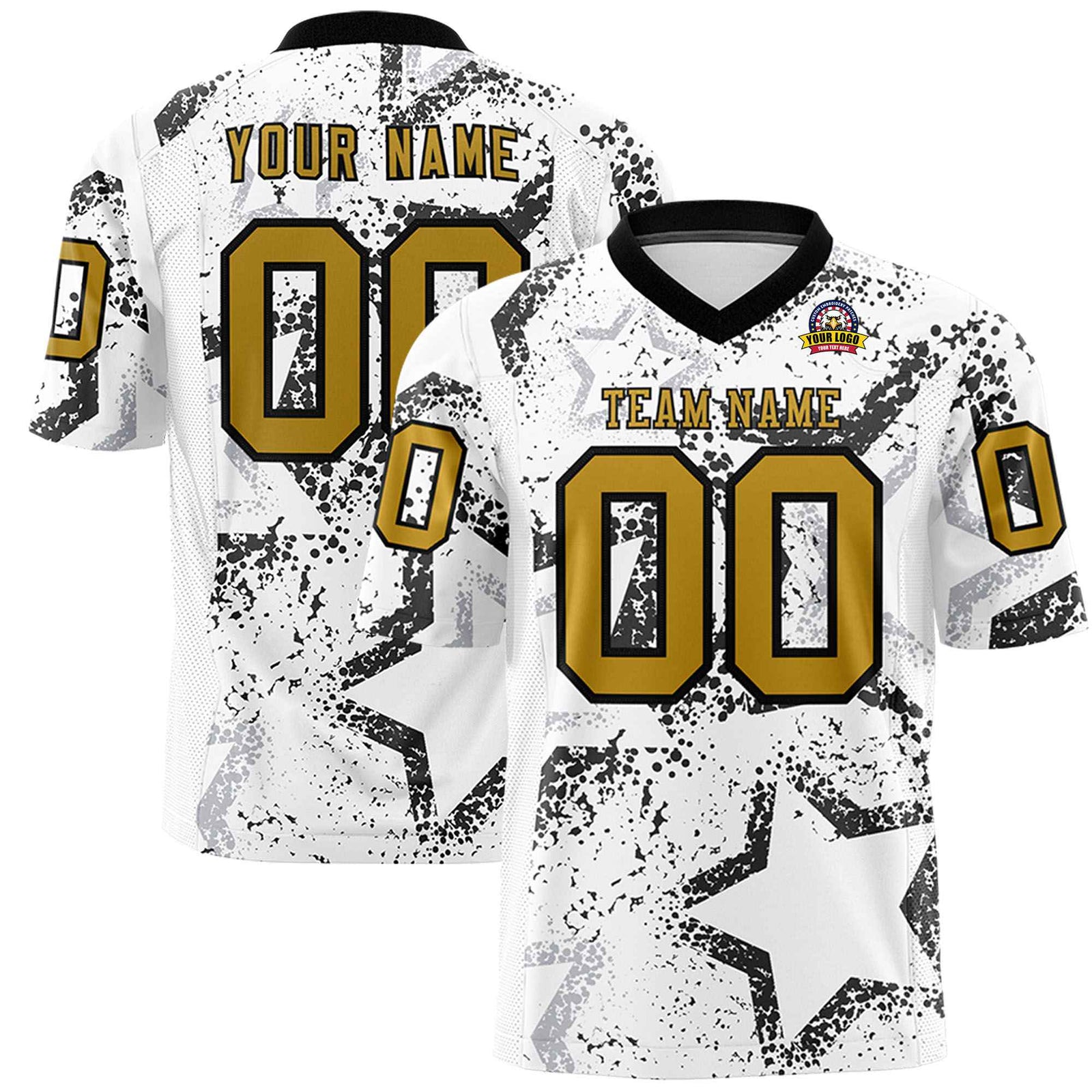 Custom White Old Gold-Black Mesh Star Football Jersey