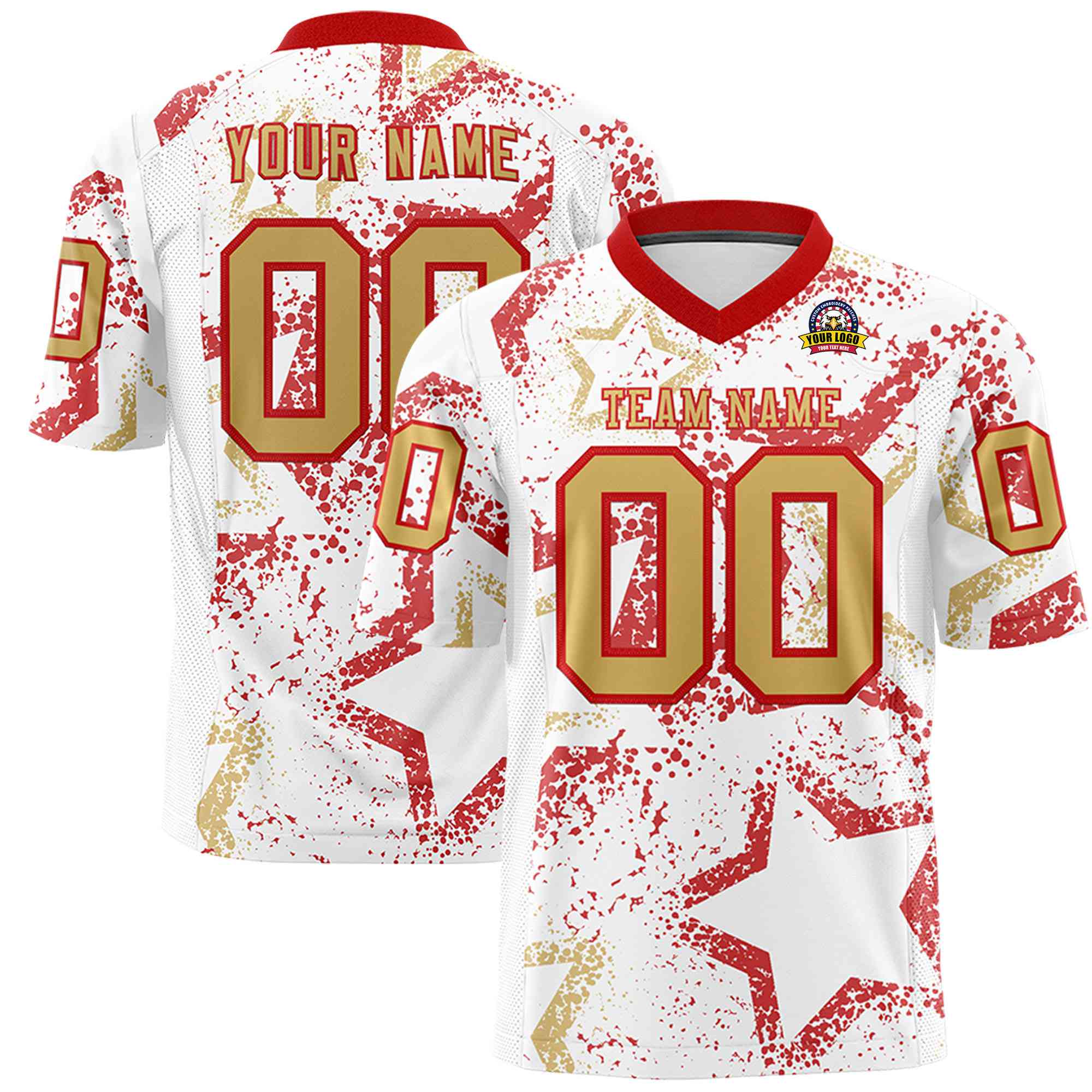 Custom White Old Gold-Red Mesh Star Football Jersey