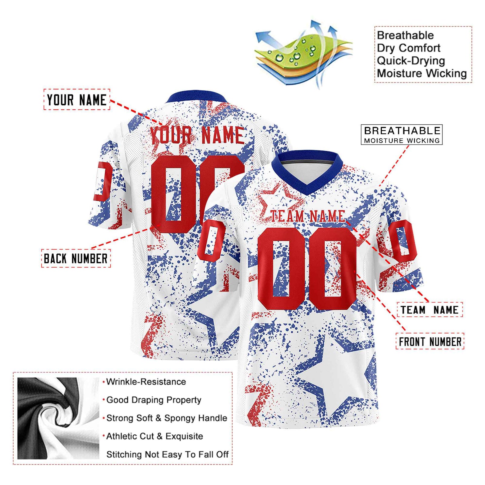 Custom White Red-Royal Blue Mesh Star Football Jersey