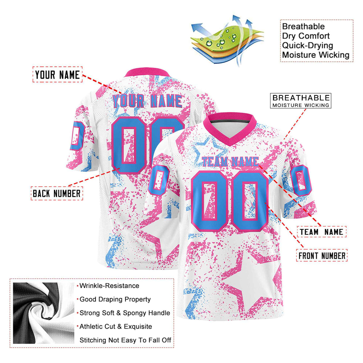 Custom White Powder Blue-Pink Mesh Star Football Jersey