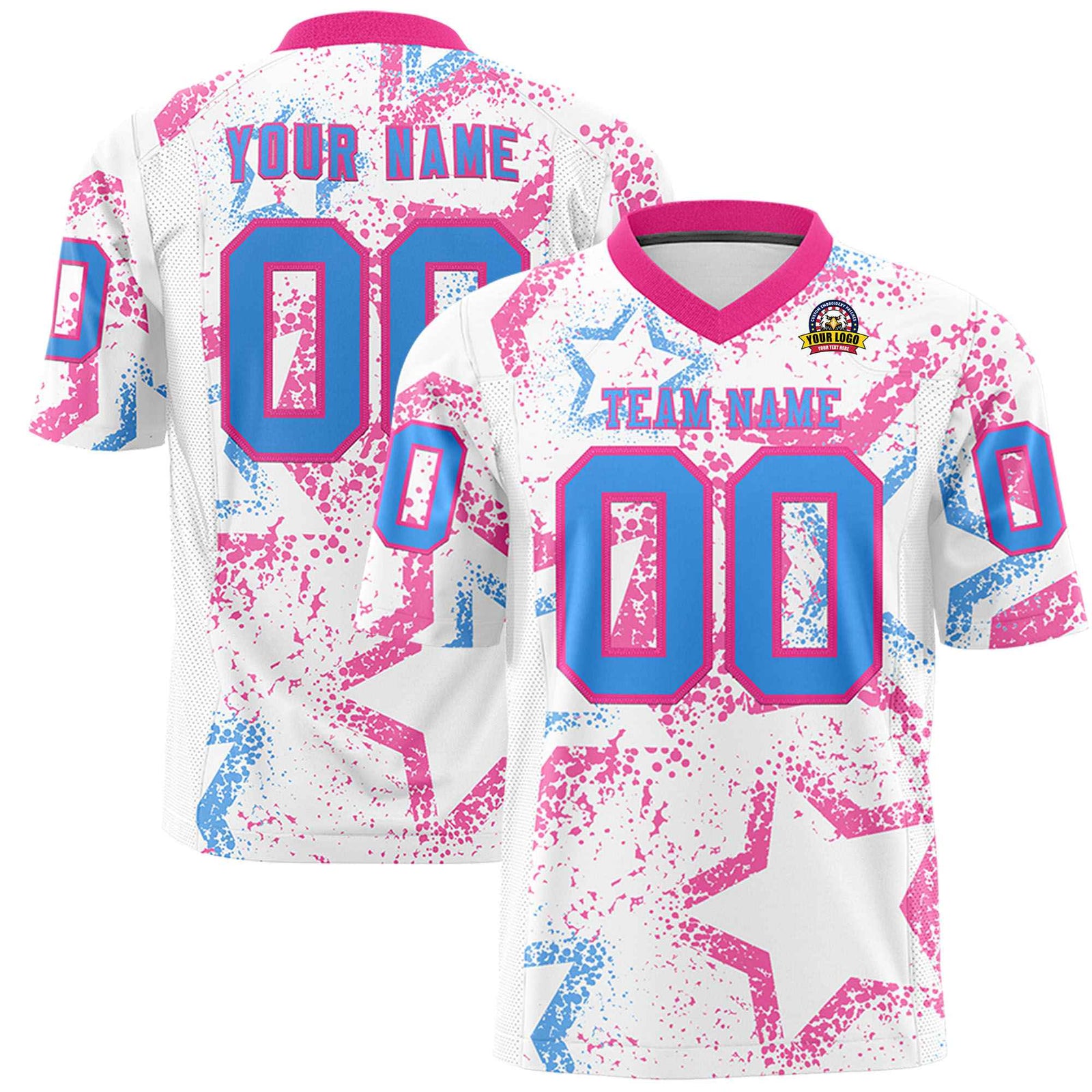 Custom White Powder Blue-Pink Mesh Star Football Jersey