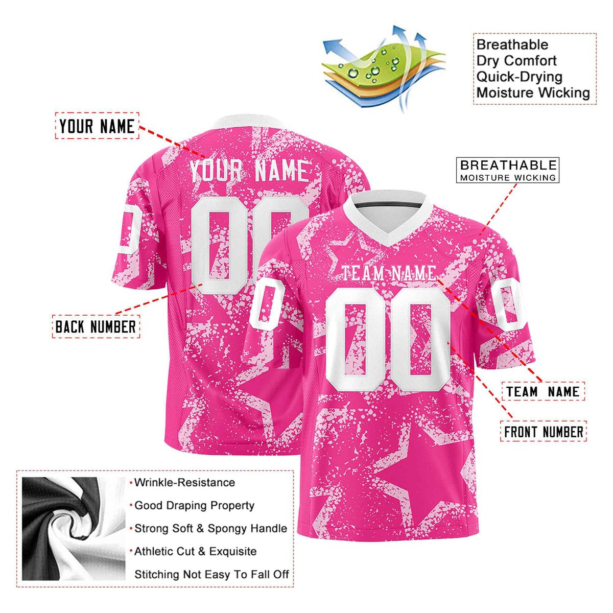 Custom Pink White Mesh Star Football Jersey